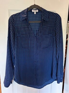 Express Navy Blue Printed Button-Down Blouse